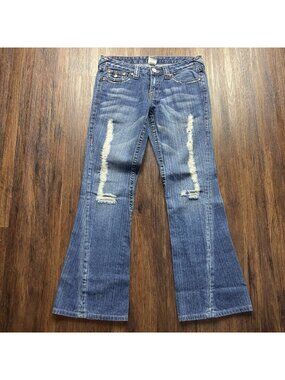 True Religion Flare Section 503 Jeans Distressed Medium Wash Embroidered Size 29